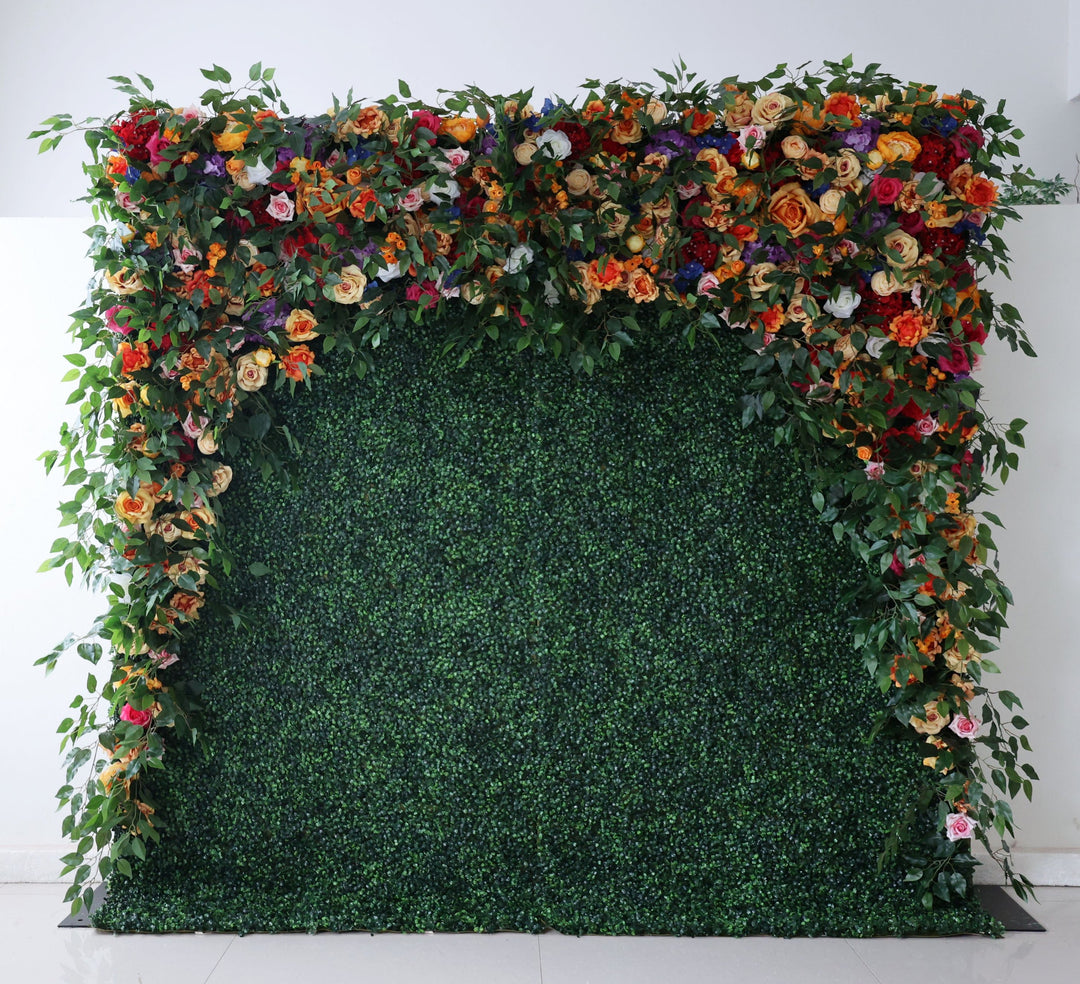 Mixed Flowers In Orange And Purple With Grass, 5D, Artificial Flower Wall