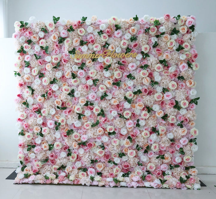 Mixed Flowers In Pink And Beige, 3D, Fabric Backing Artificial Flower Wall