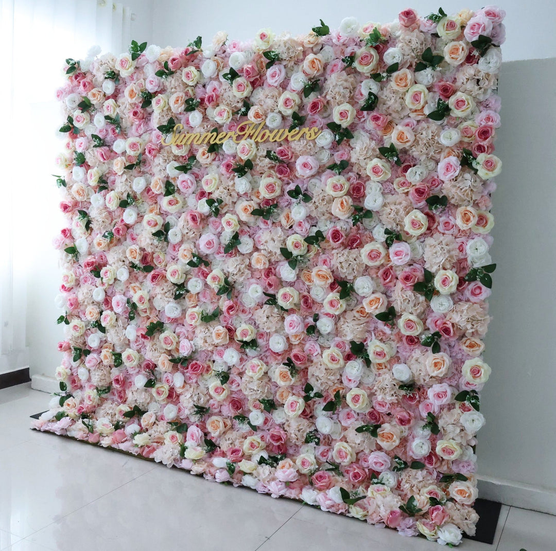 Mixed Flowers In Pink And Beige, 3D, Fabric Backing Artificial Flower Wall