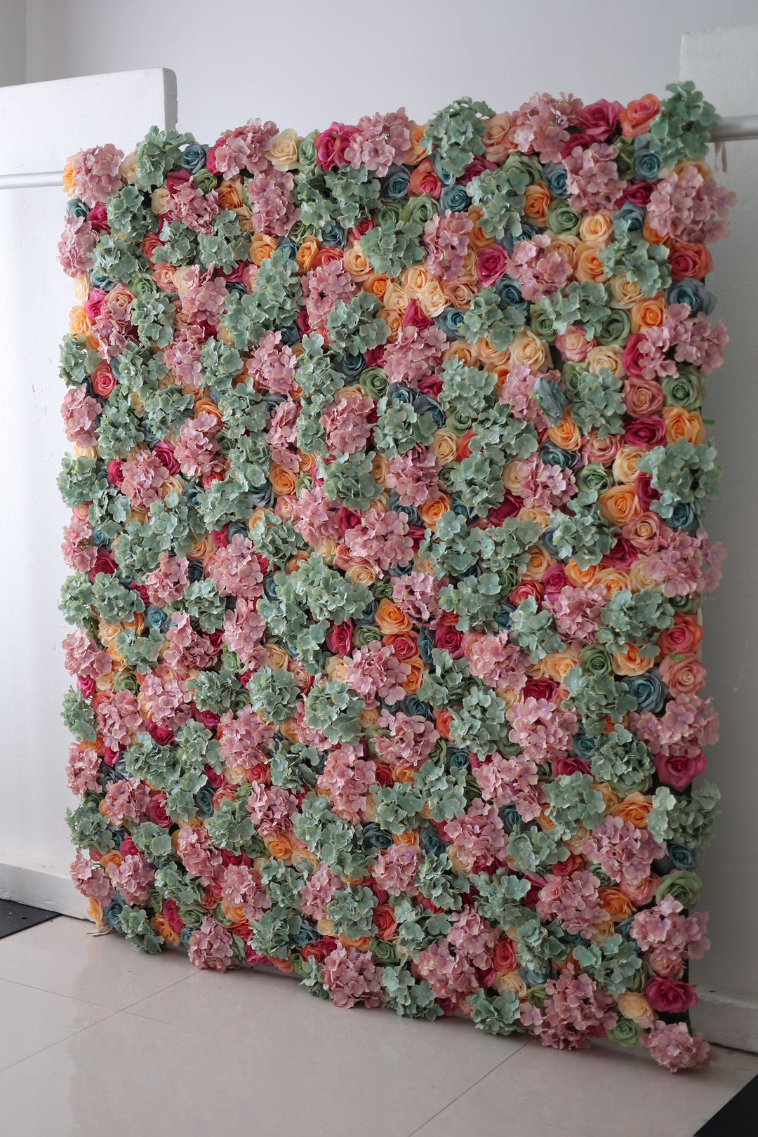Mixed Color Roses And Green And Pink Hydrangeas, Artificial Flower Wall Backdrop
