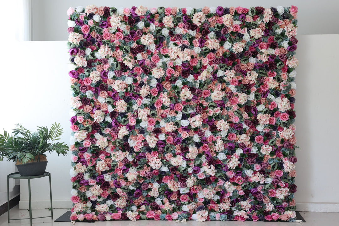 Mixed Color Roses And Pink Hydrangeas And Green Leaves, Artificial Flower Wall Backdrop