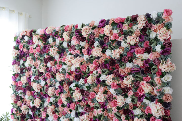 Mixed Color Roses And Pink Hydrangeas And Green Leaves, Artificial Flower Wall Backdrop