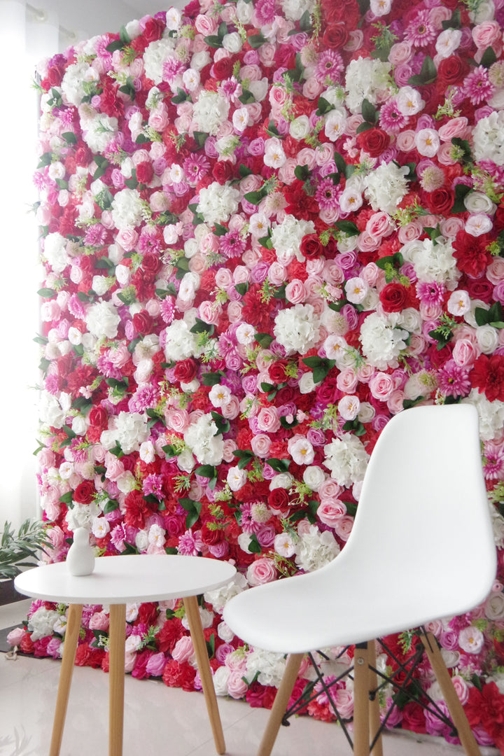 Mixed Color Roses And White Hydrangeas And Green Leaves, Artificial Flower Wall Backdrop