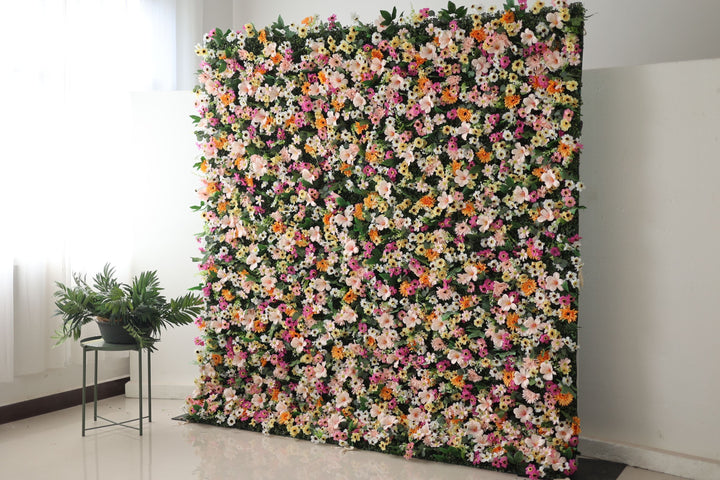 Mixed Colors Of Chrysanthemums And Green Leaves, Artificial Flower Wall Backdrop