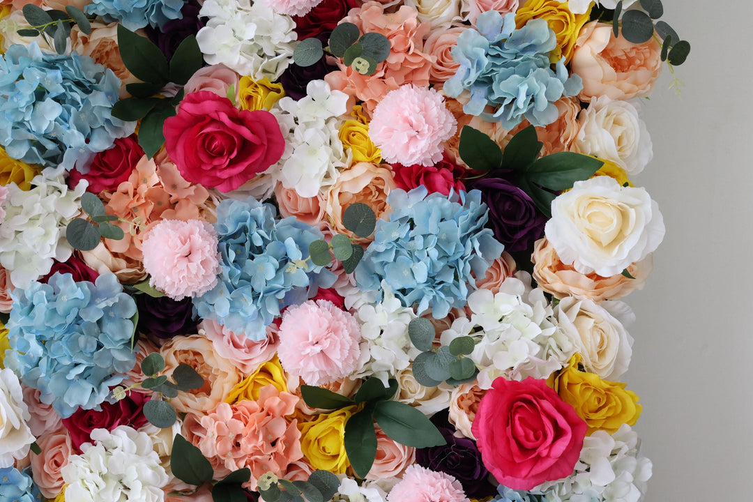 Mixed Colors Of Roses And Hydrangeas With Green Leaves, Artificial Flower Wall Backdrop