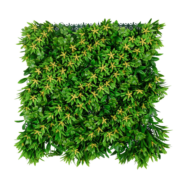 Norfolk Island Pine With Four-Leaf Clover And Yellow Flowers Artificial Green Wall Panel