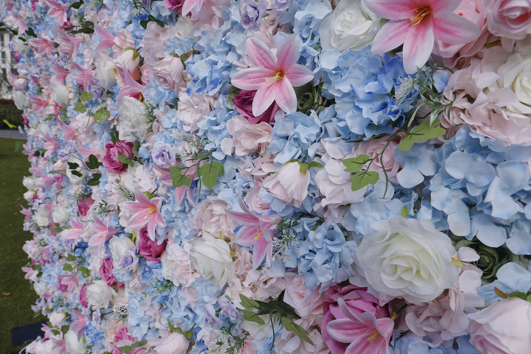 Blue Hydrangea And White Roses And Pink Lilies, Artificial Flower Wall Backdrop