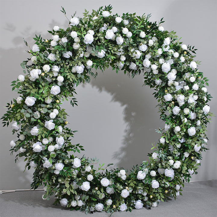White Roses With Green Leaves Round, Floral Arch, Wedding Arch Backdrop, Including Frame