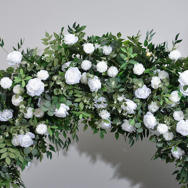 White Roses With Green Leaves Double-Sided Floral Wedding Arch Backdrop, Including Frame