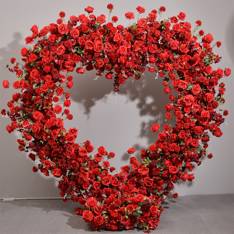 Mixed Flowers In Red Heart Shape, Floral Arch, Wedding Arch Backdrop, Including Frame