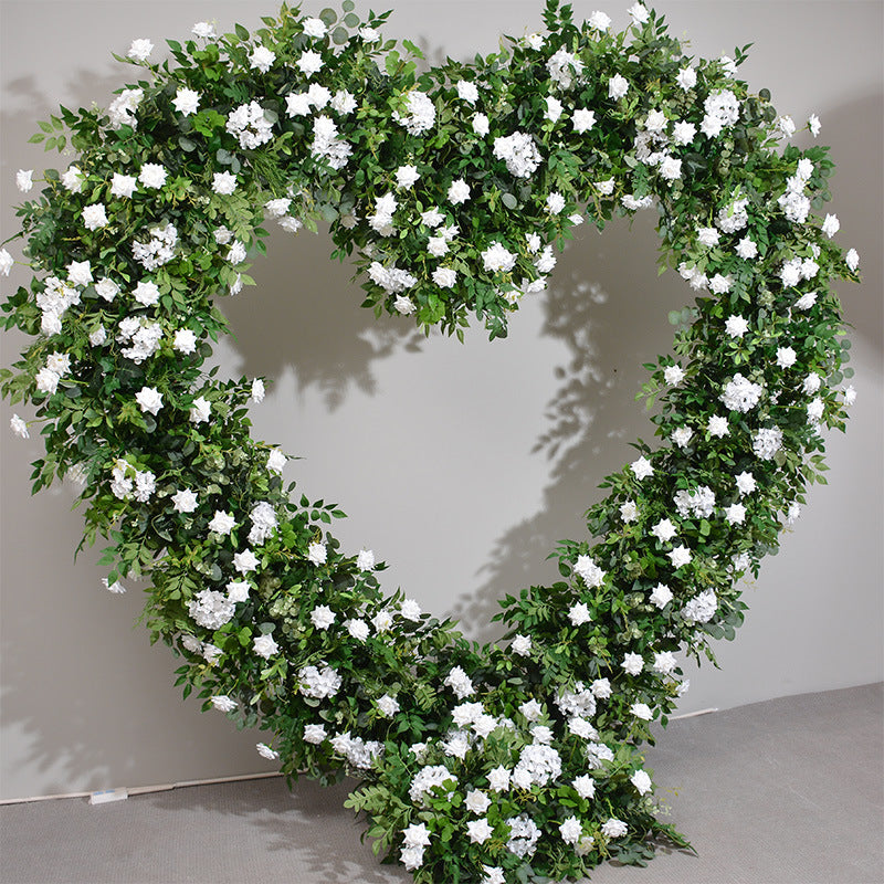 Green Leaves With White Flowers Heart Shape, Floral Wedding Arch Backdrop, Including Frame
