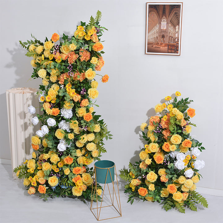 Orange And Yellow Roses With Leaves, Floral Arch Set, Wedding Arch Backdrop, Including Frame