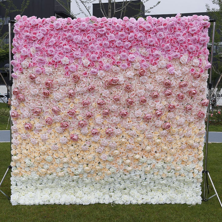 Pink White Roses 3D Luxury Gradient, Artificial Flower Wall, Wedding Party Backdrop