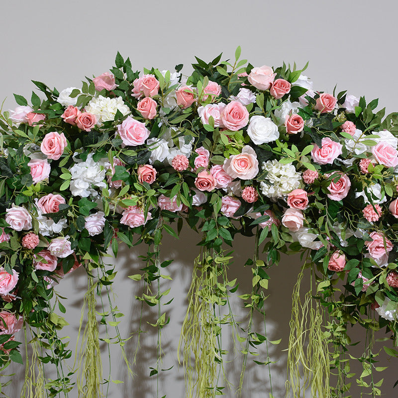 Pink And White Roses With Green Leaves Double-Sided Floral Wedding Arch Backdrop Including Frame