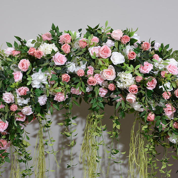 Pink And White Roses With Green Leaves Double-Sided Floral Wedding Arch Backdrop Including Frame