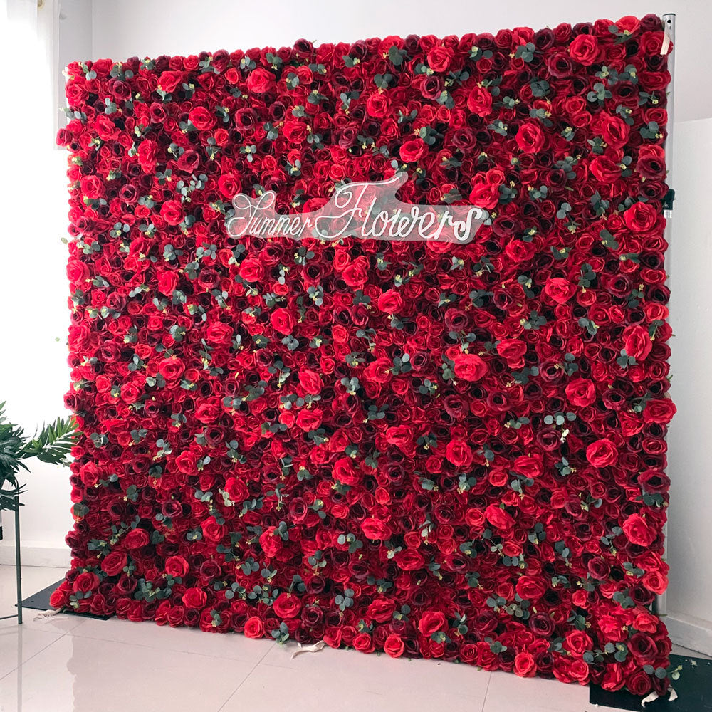 Luxury Eucalyptus Stem Red Roses, Artificial Flower Wall Backdrop, Wedding Backdrop
