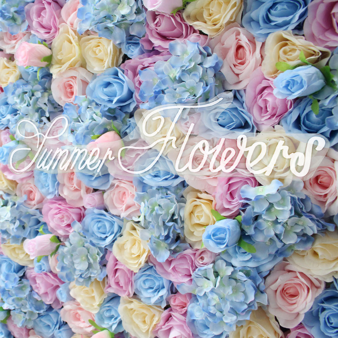 Luxury Light Blue And Pink Roses, Artificial Flower Wall Backdrop, Wedding Backdrop