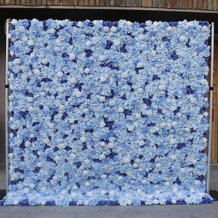 White Roses Blue Hydrangea Wedding Backdrop 5D Fabric Cloth Flower Wall