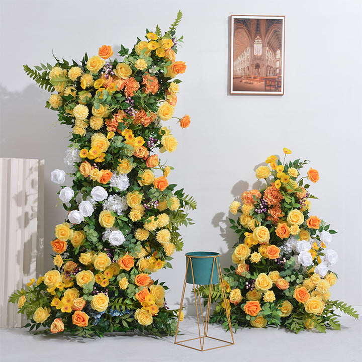 Orange And Yellow Roses With Leaves, Floral Arch Set, Wedding Arch Backdrop, Including Frame