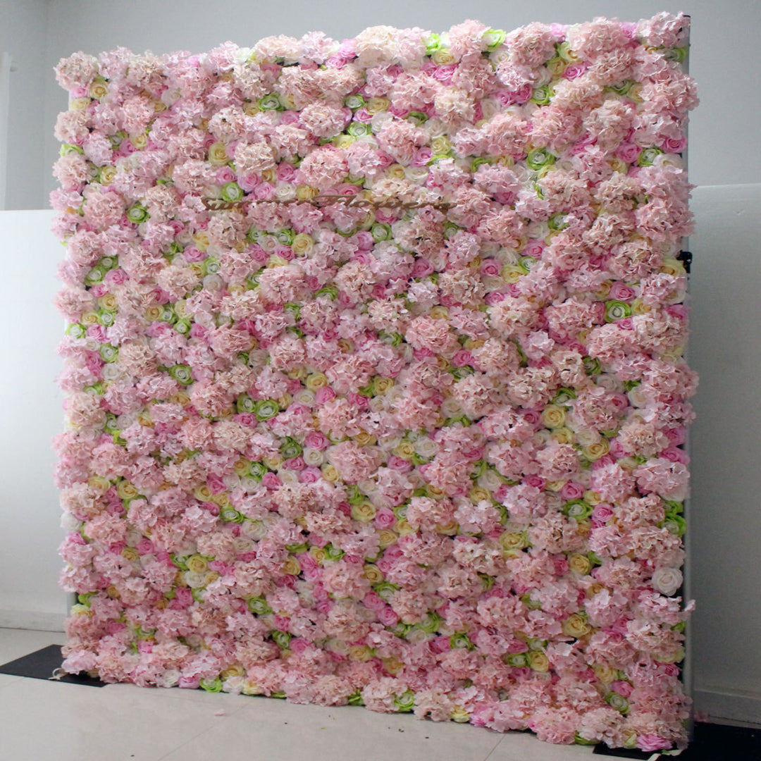 Luxury Pink And Green Roses With Light Pink Hydrangeas 5D, Artificial Flower Wall Backdrop
