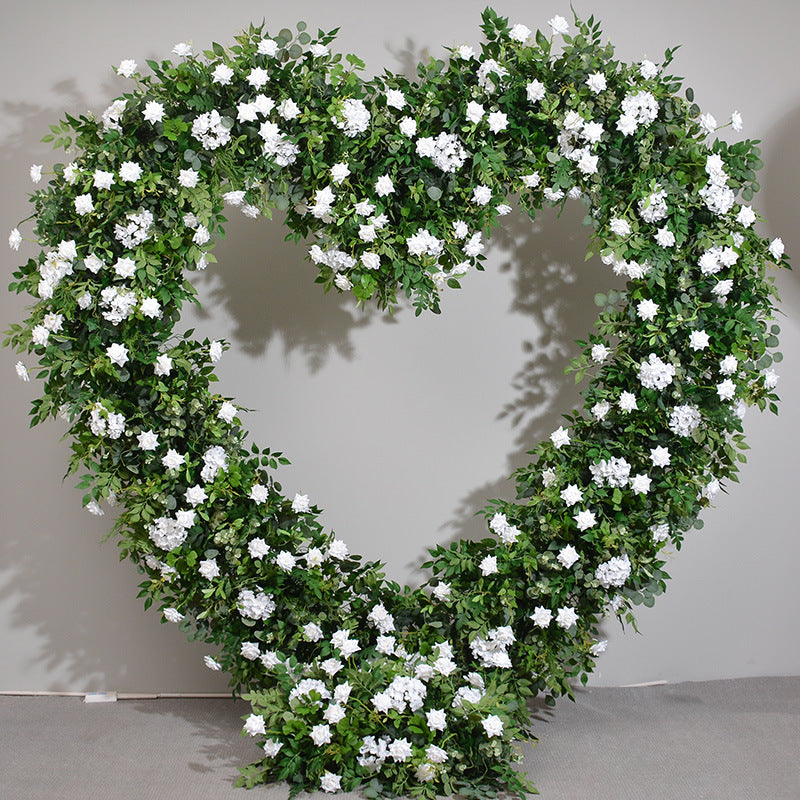 Green Leaves With White Flowers Heart Shape, Floral Wedding Arch Backdrop, Including Frame