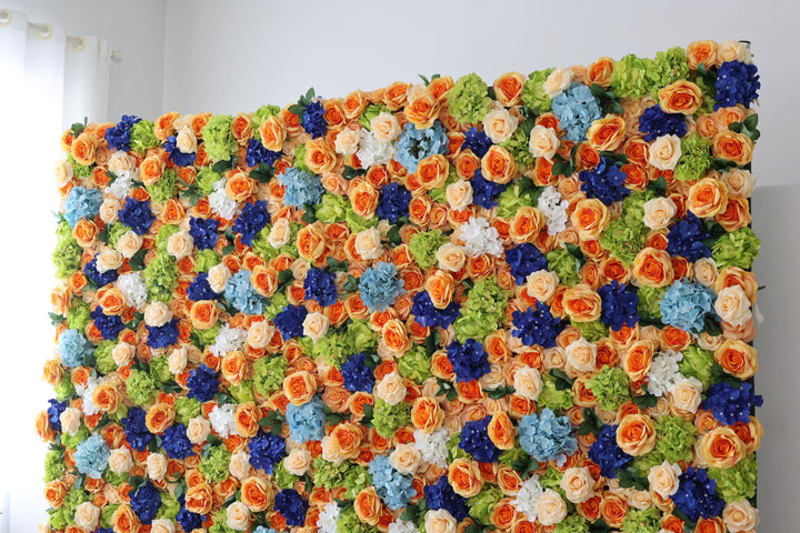 Orange Roses And Mixed Color Hydrangeas, Artificial Flower Wall, Wedding Party Backdrop