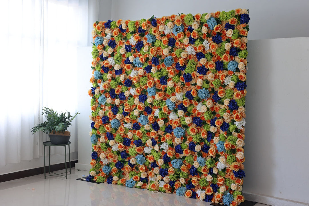 Orange Roses And Mixed Color Hydrangeas, Artificial Flower Wall, Wedding Party Backdrop