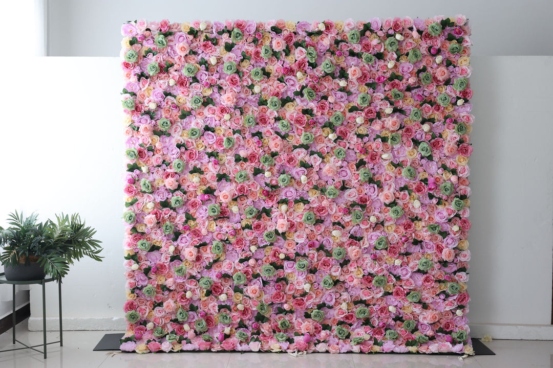 Pink And Green Roses And Green Leaves, Artificial Flower Wall, Wedding Party Backdrop