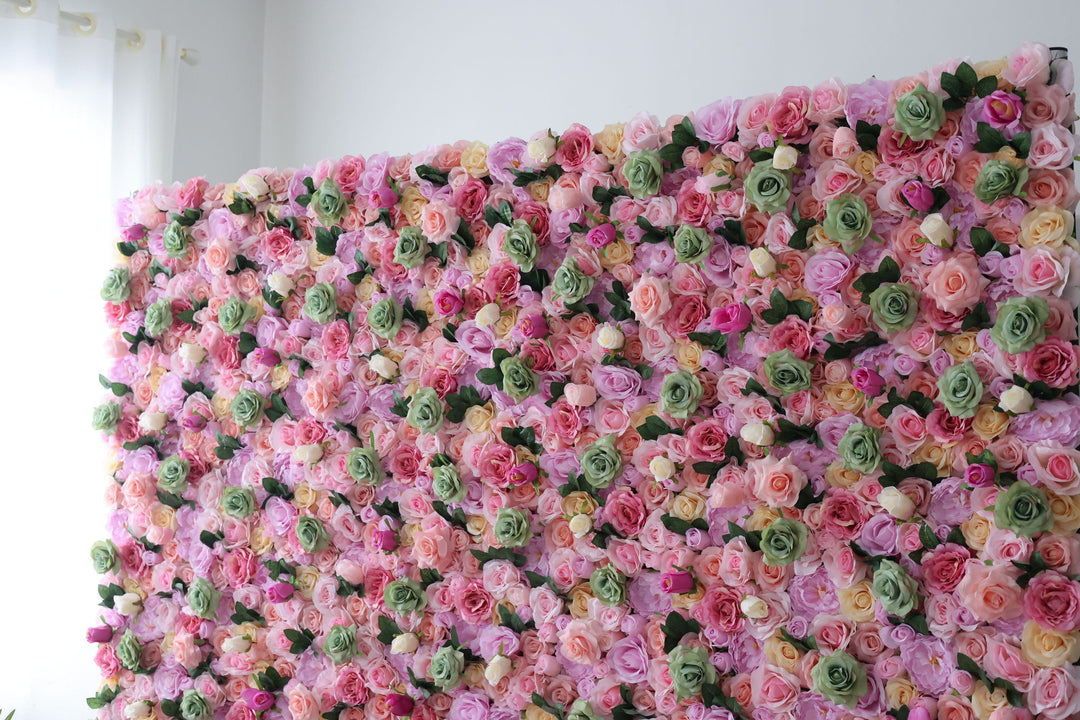 Pink And Green Roses And Green Leaves, Artificial Flower Wall, Wedding Party Backdrop