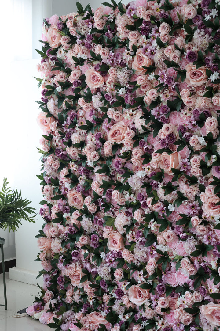 Pink And Purple Roses And Green Leaves, Artificial Flower Wall, Wedding Party Backdrop