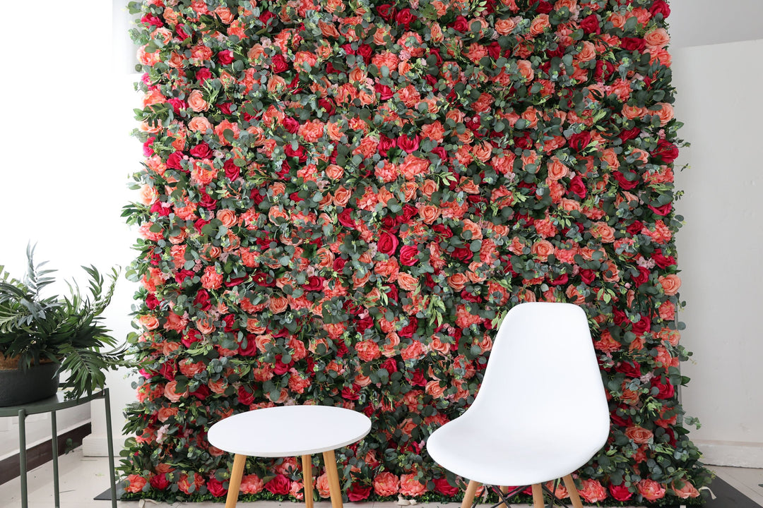 Pink And Rosy Roses And Green Leaves, Artificial Flower Wall, Wedding Party Backdrop