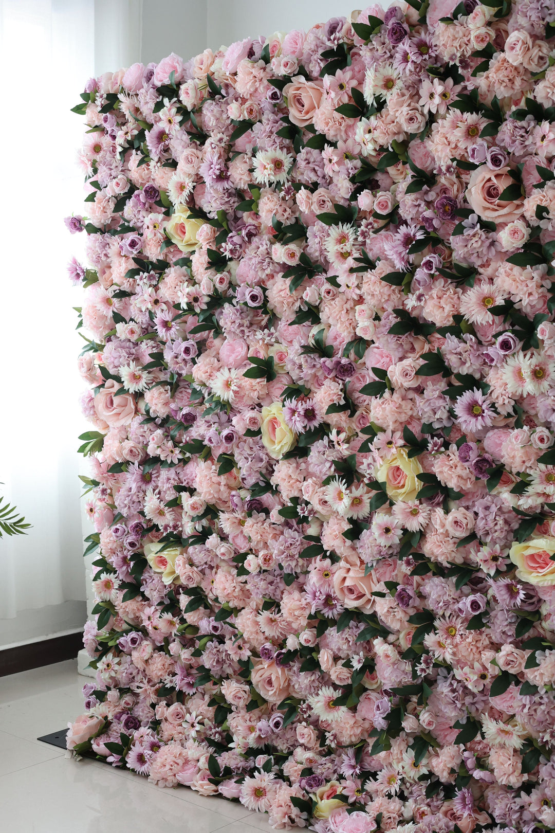 Pink Mixed Flowers And Green Leaves, Artificial Flower Wall, Wedding Party Backdrop