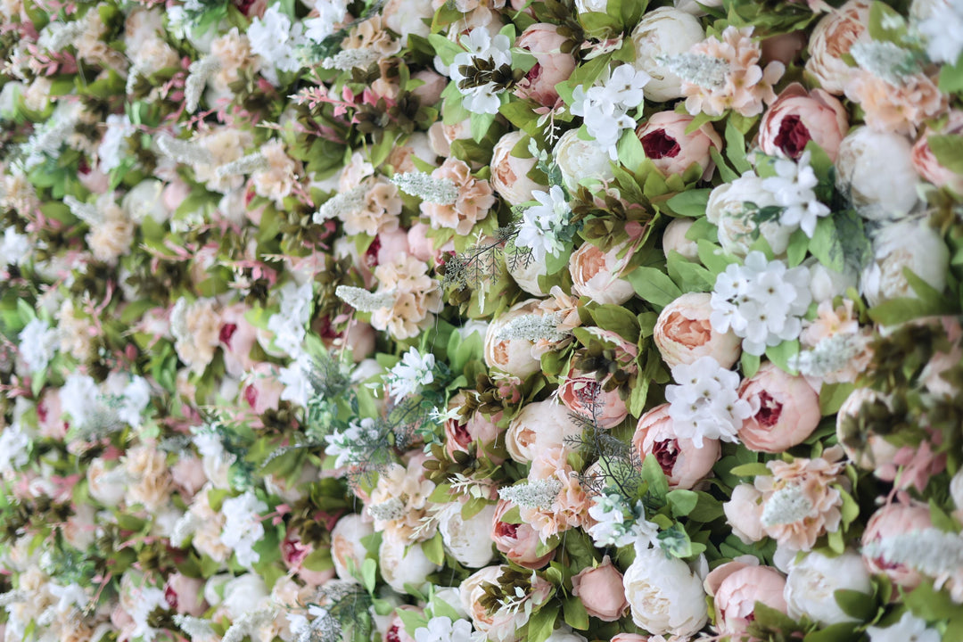Pink Peonies And White Hydrangeas And Green Leaves, Artificial Flower Wall Backdrop