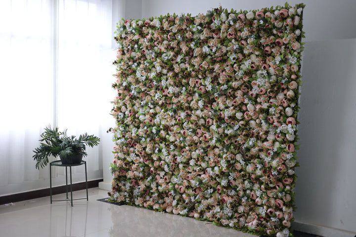 Pink Peonies And White Hydrangeas And Green Leaves, Artificial Flower Wall Backdrop
