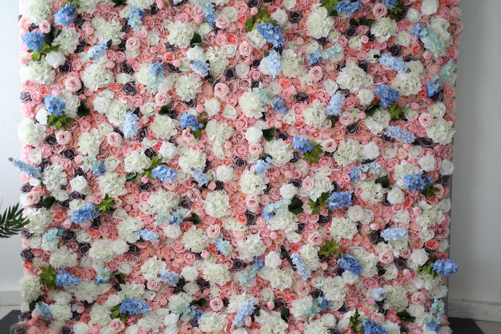 Pink Roses And Blue And White Hydrangeas, Artificial Flower Wall, Wedding Party Backdrop