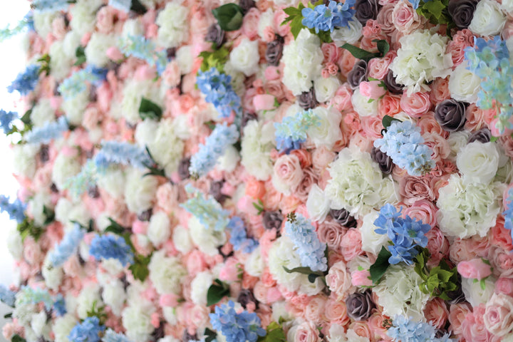 Pink Roses And Blue And White Hydrangeas, Artificial Flower Wall, Wedding Party Backdrop