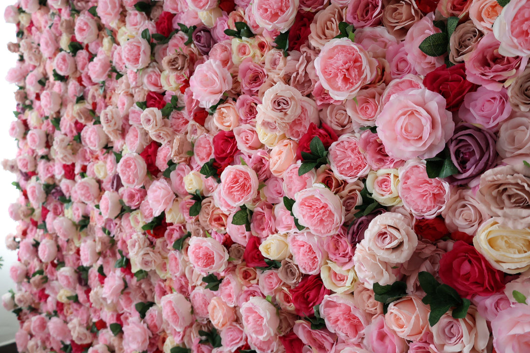 Pink Roses And Peonies And Green Leaves, Artificial Flower Wall Backdrop