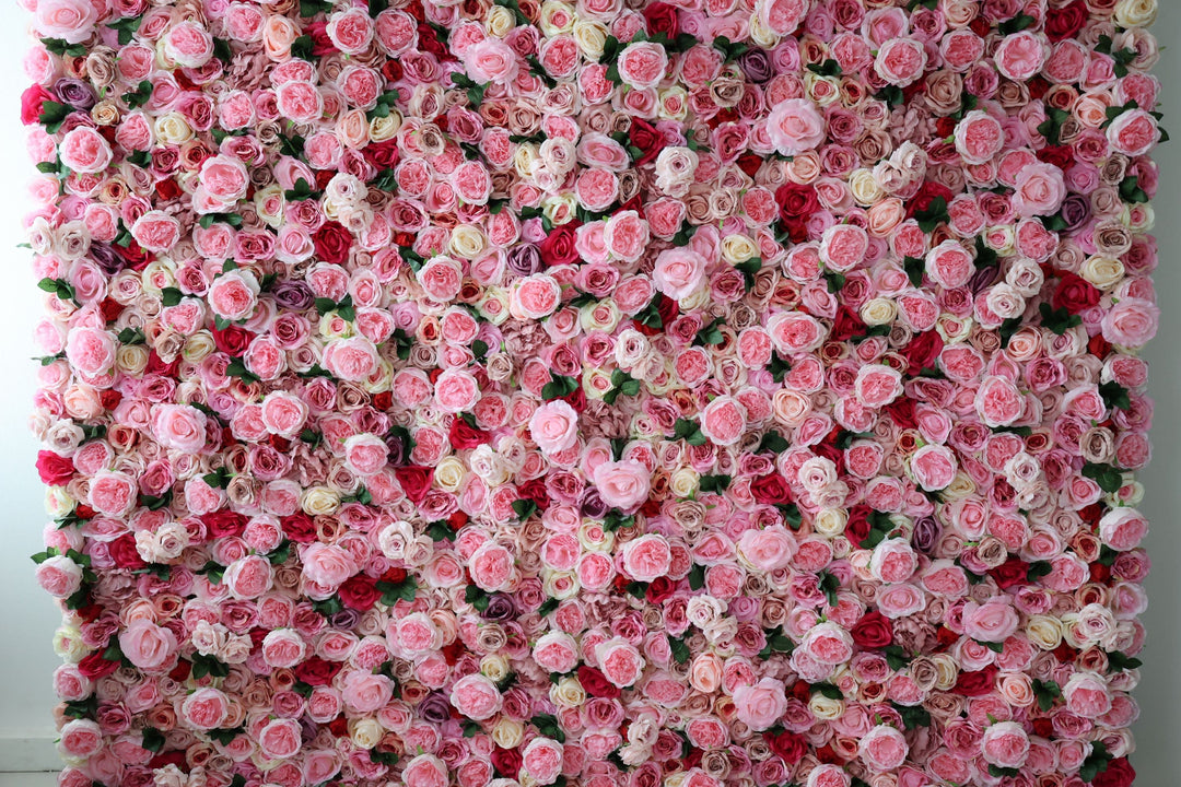 Pink Roses And Peonies And Green Leaves, Artificial Flower Wall Backdrop