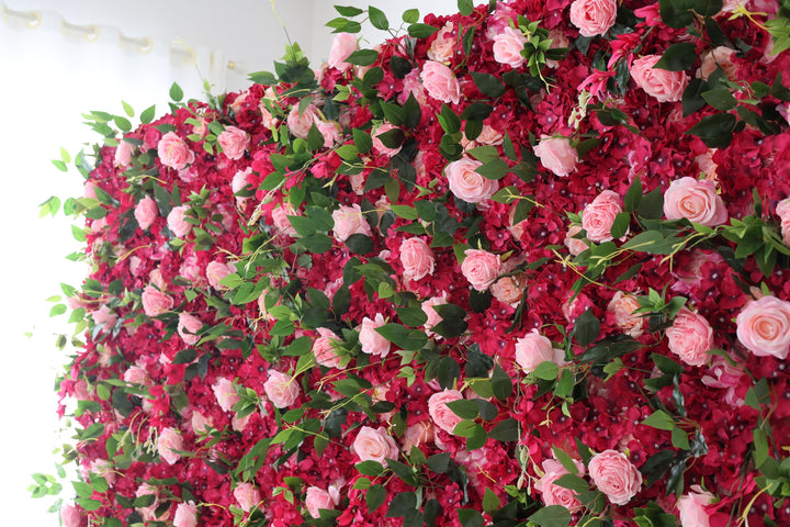 Pink Roses And Rosy Hydrangeas And Green Leaves, Artificial Flower Wall Backdrop