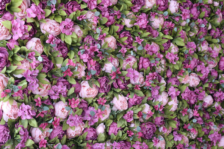 Purple And Pink Peony Flowers And Green Leaves, Artificial Flower Wall Backdrop