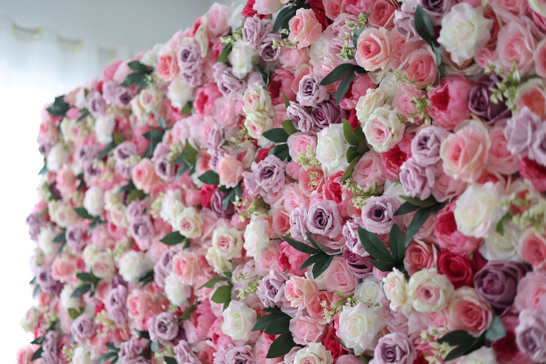 Purple And Pink Roses And Green Leaves, Artificial Flower Wall, Wedding Party Backdrop