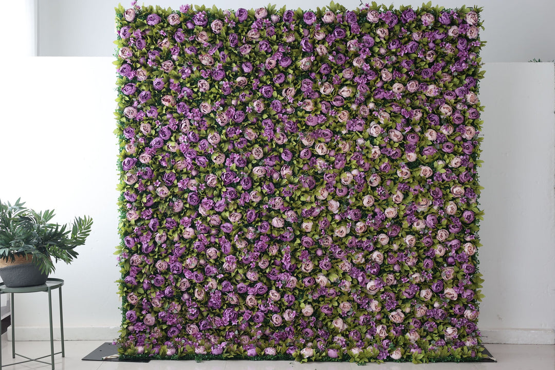 Purple Roses And Green Leaves, Artificial Flower Wall, Wedding Party Backdrop