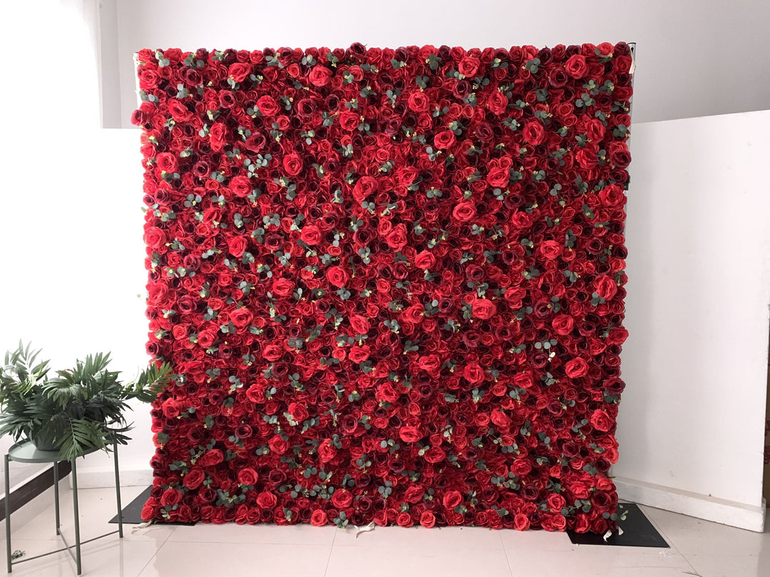 Red And Crimson Roses And Green Leaves, Artificial Flower Wall, Wedding Party Backdrop