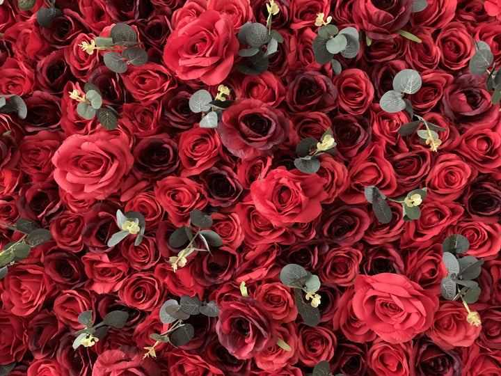 Red And Crimson Roses And Green Leaves, Artificial Flower Wall, Wedding Party Backdrop