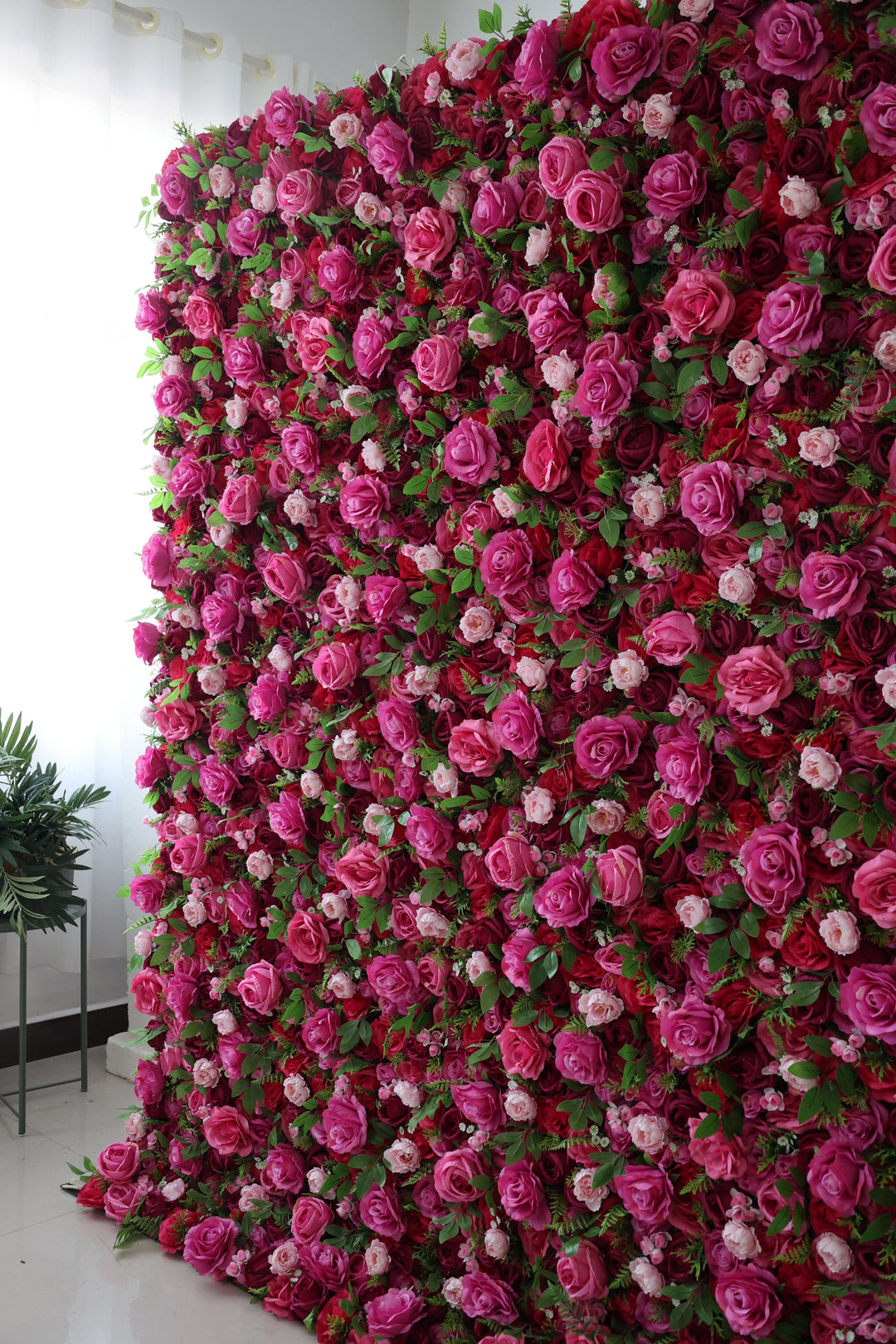 Red Roses And Green Leaves, Artificial Flower Wall, Wedding Party Backdrop