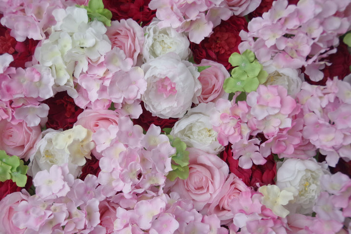 Red And White Peonies And White And Pink Hydrangeas, Artificial Flower Wall Backdrop