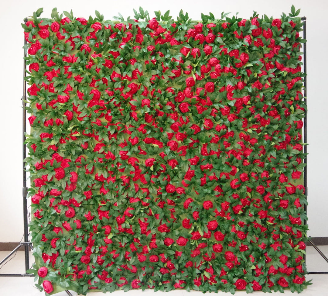 Red Peony Flowers And Green Leaves, Artificial Flower Wall Backdrop