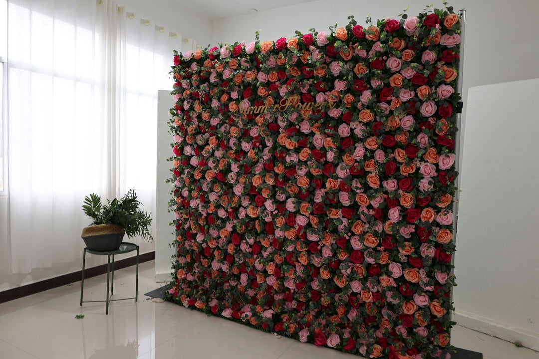 Red Pink Orange Roses And Green Leaves, Artificial Flower Wall, Wedding Party Backdrop