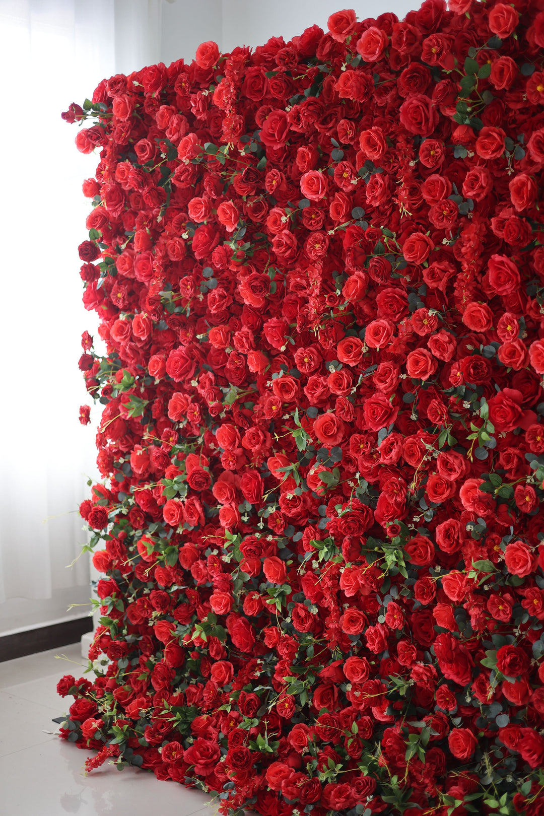 Red Roses And Green Leaves, Artificial Flower Wall, Wedding Party Backdrop