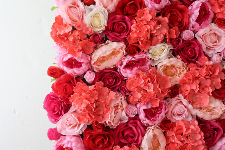 Red Roses And Rosy Hydrangeas And Pink Peonies, Artificial Flower Wall Backdrop